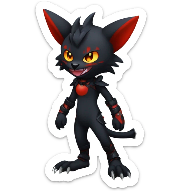 Black Anthro Cool Punk Noibat-Litten-Fakemon-fursona with fangs and red markings Full Body sticker