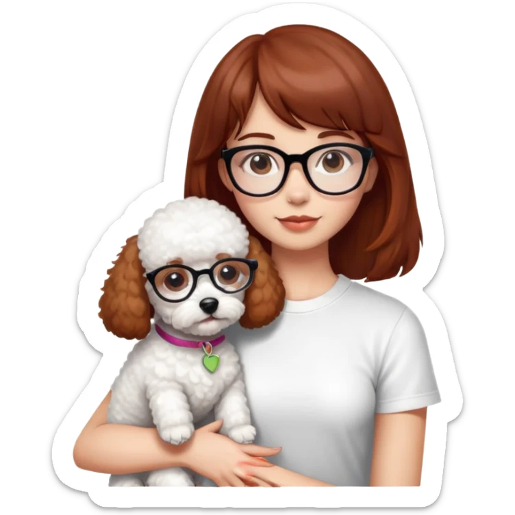 Mahogany haired girl with bangs, white glasses and a white t-shirt hugging a toy poodle dog sticker