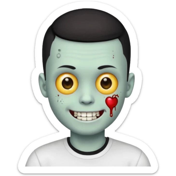 zombie boy with black buzz cut hair and white t shirt, smiling, apple style emoji sticker
