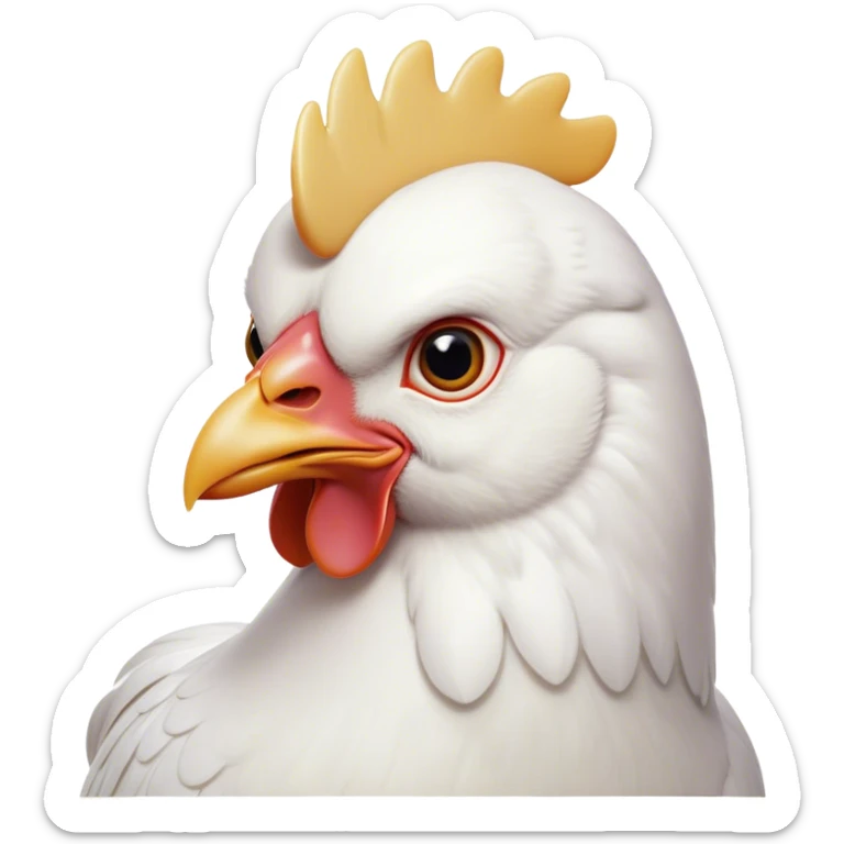 Cinematic Noble White Chicken Portrait Emoji, Poised and regal, with a compact, sturdy build and a pristine, well-groomed pure white plumage, deep-set soulful beady eyes, Simplified yet sharp and sophisticated features, highly detailed, glowing with a soft, dignified glow, high shine, intelligent and alert, stylized with an air of barnyard elegance, focused and attentive, soft glowing outline, capturing the essence of a watchful and confident fowl, so majestic it feels as though it could strut out of the screen with effortless authority! sticker