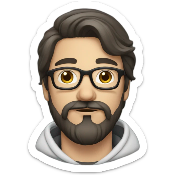 White man dark straight hair moustache and beard, wearing a hoodie, glasses sticker