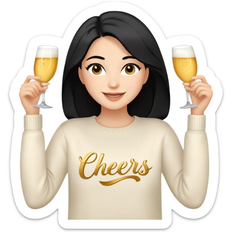 A woman with longer black hair, light to medium skin tone, full cheeks, and almond-shaped eyes, wearing a simple white sweater with the word 'cheers' in gold script, joyful and radiant expression, cheerful, emoji style, just her torso, no hands, no cups. sticker