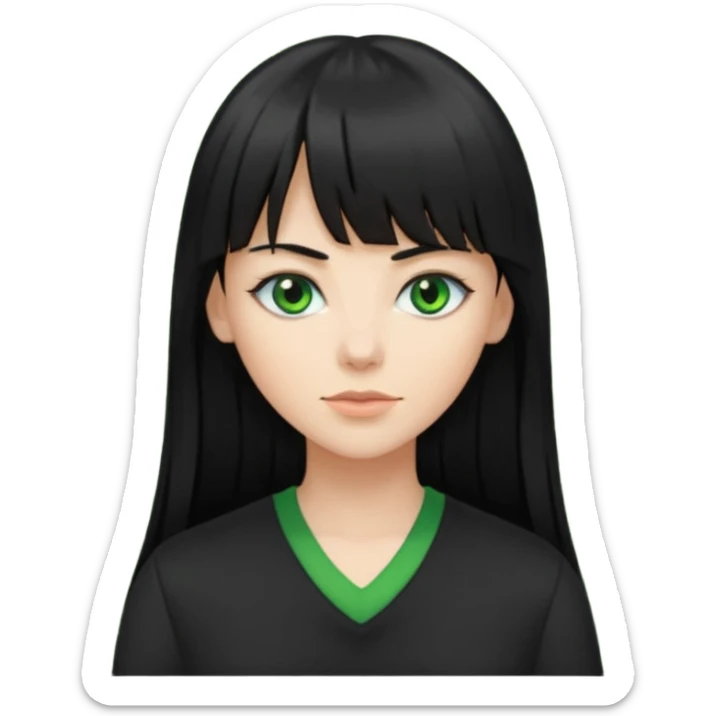 A white woman with Long straight hair with bangs, black hair, green eyes and a black low-cut shirt sticker