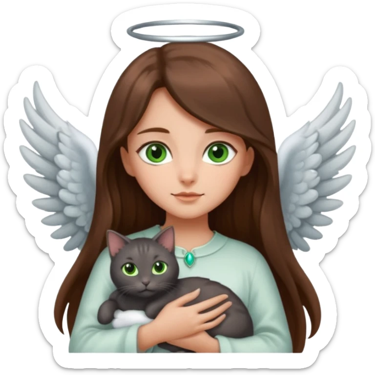Girl with long brown hair holding a dark gray cat with green eyes, angel wings on the cat sticker