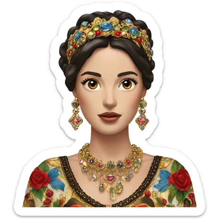 Dolce and Gabbana Italian model with dark hair and headband with colourful ornament and golden detais  sticker