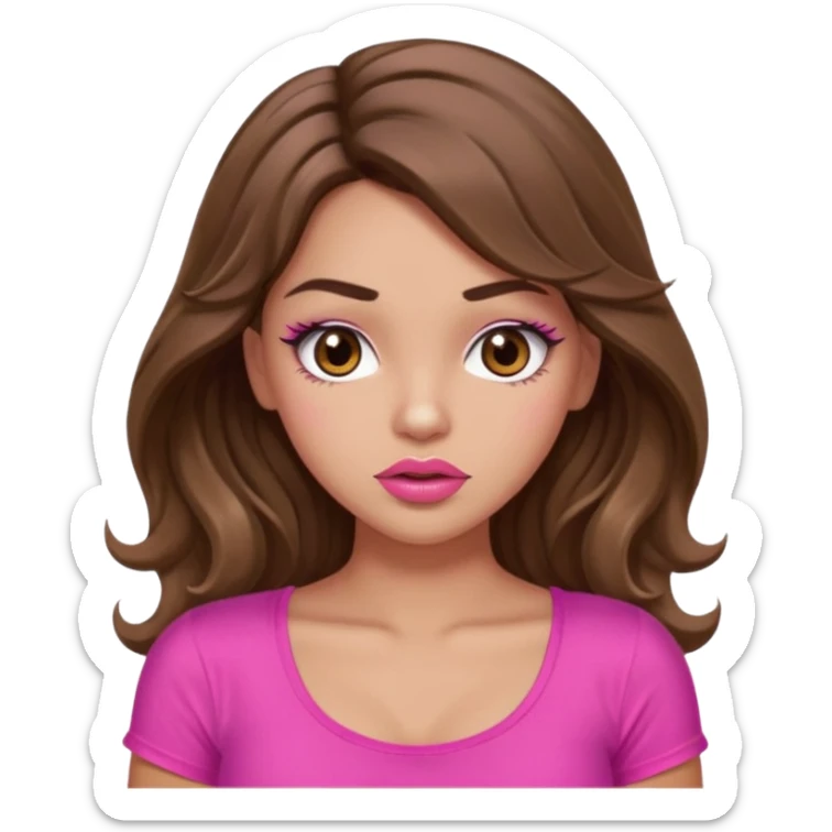 girl with long wavy brown hair, brown eyes, light to medium complexion, in a pink sexy top, pink puckered lips, long lashes, shrugging sticker
