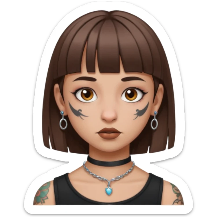 Alternative girl with straight brown hair and micro bangs and a throat tattoo sticker
