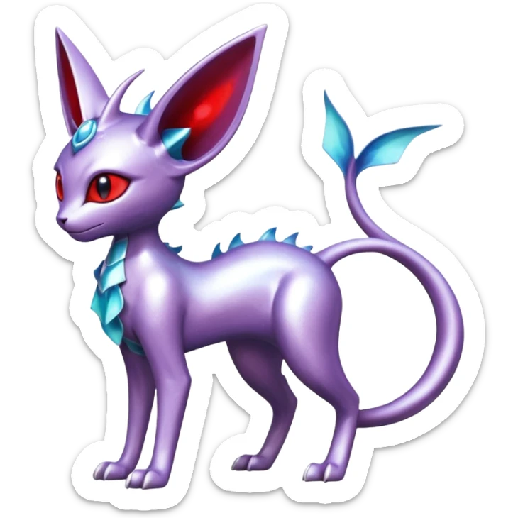 Mechanical Silvery Iridescent Miraidon-Espeon-Mewtwo-Vaporeon-Fakémon-hybrid-creature (full body)  with red eyes and intricate markings sticker