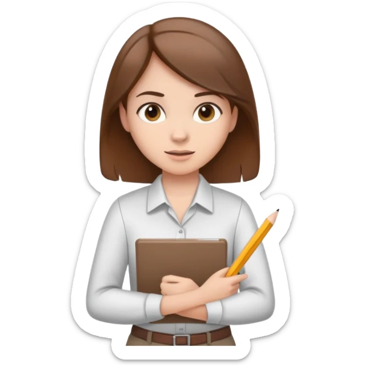 Intern or volunteer with brown hair holding a clipboard and pencil, ready to take notes or assist. The character wears a simple shirt and has an eager posture sticker