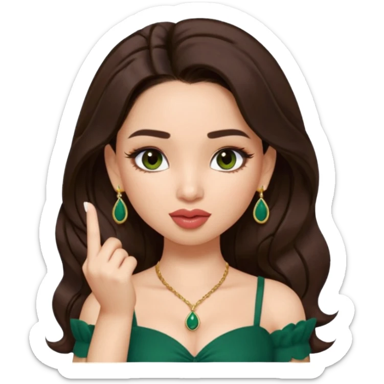 pretty bratz genmoji that looks like tamannah bhatia (bollywood actress), wearing a dark green sweetheart neckline top, dark brown hair, light makeup, no necklace, dangly earrings, side hair part, fair. dark brown eyes


Show her licking her finger  sticker