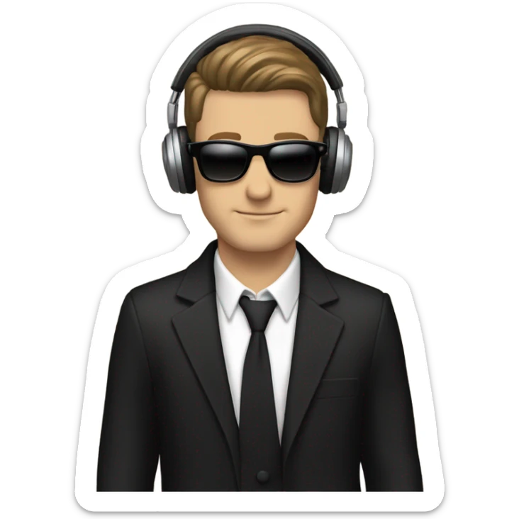 White Man brown hair with sunglasses DJ black jacket skinny tie headphones scratching records sticker