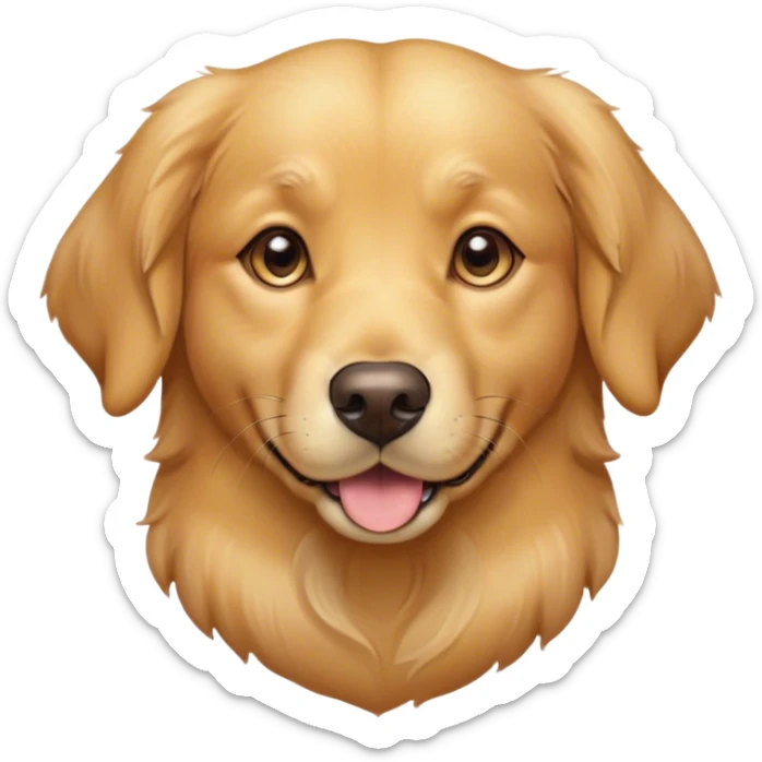 Cinematic Cute Golden Retriever Portrait Emoji, Head tilted playfully and inquisitively, featuring a luscious golden coat with a gentle sheen, round, sparkling brown eyes filled with curiosity, Simplified yet irresistibly adorable features, highly detailed, glowing with a warm, friendly glow, high shine, affectionate and lively, stylized with a touch of whimsy, bright and endearing, soft glowing outline, capturing the essence of a mischievous yet loving pup, so playful it feels like it could leap out of the screen and into your arms! sticker