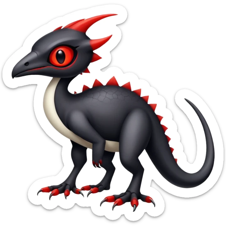 a white exotic edgy vernid-fionbr-Fakémon-creature, with black belly and red eyes, full body sticker