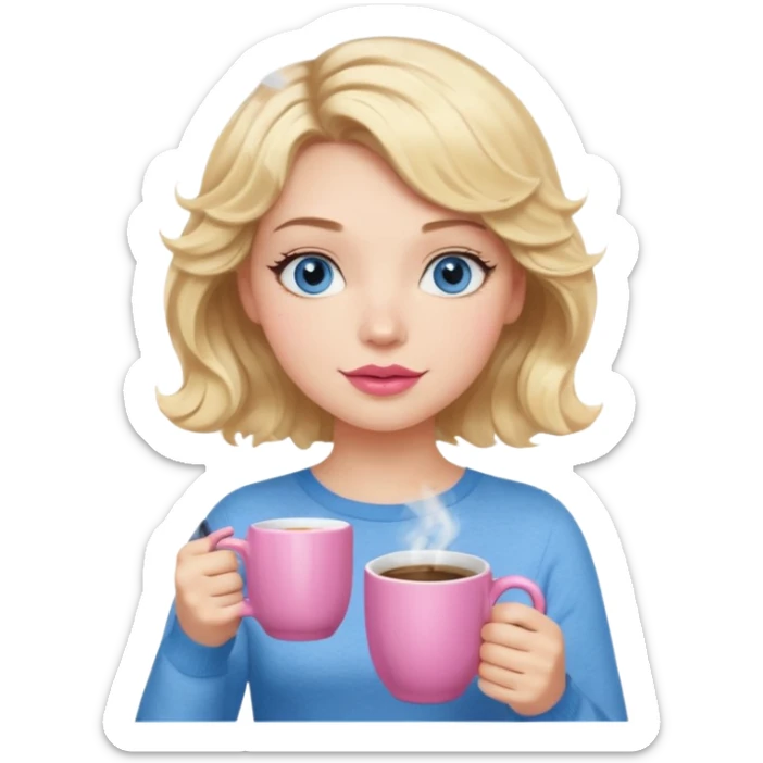 Girl Blonde short wavy hair,  blue eyes, cute blue top, long lashes, pink lips, holding hot coffee mug sticker