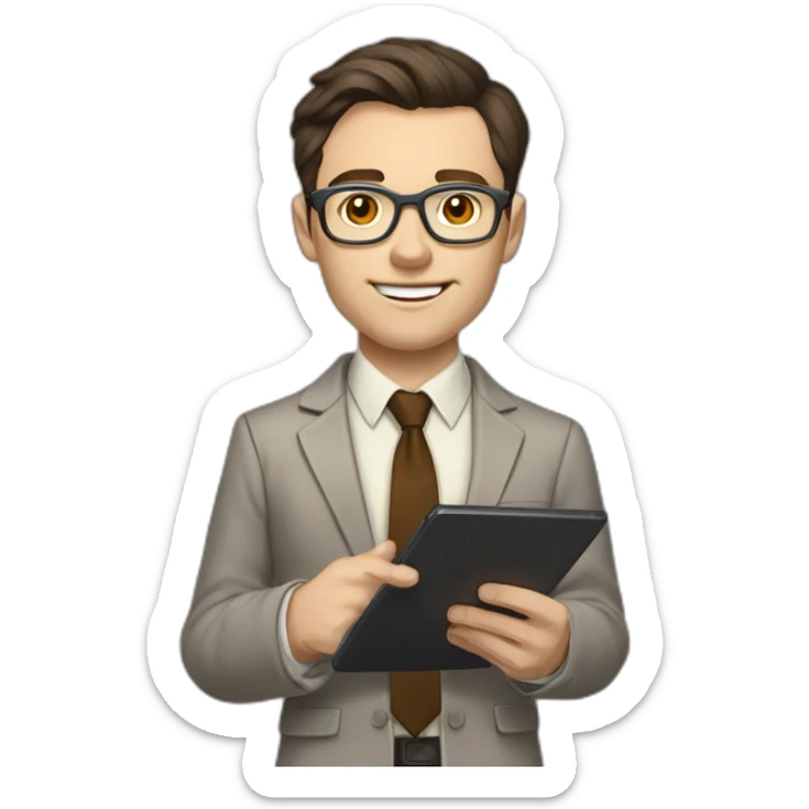 Pale skinned fit man with dark brown hair in gray jacket, beige office shirt, brown tie, brown pants and vintage glasses Writing on the tablet sticker
