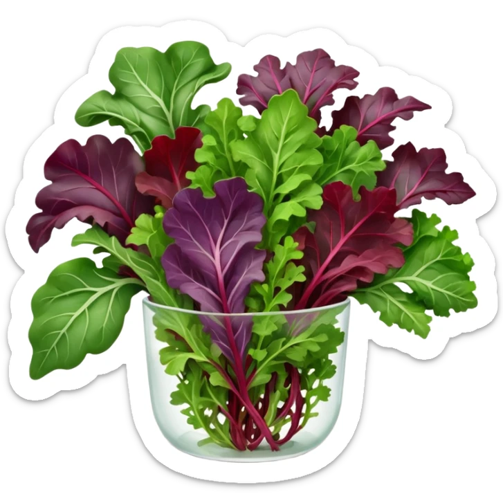 loose mesclun leaves mixed baby salad greens arugula spinach red chard frisée oak leaf lollo rosso varied shapes colors textures greens purples reddish veins delicate edges curls natural look fresh soft highlights no water drops 3D clean minimal soft shadows transparent background emoji scale sticker