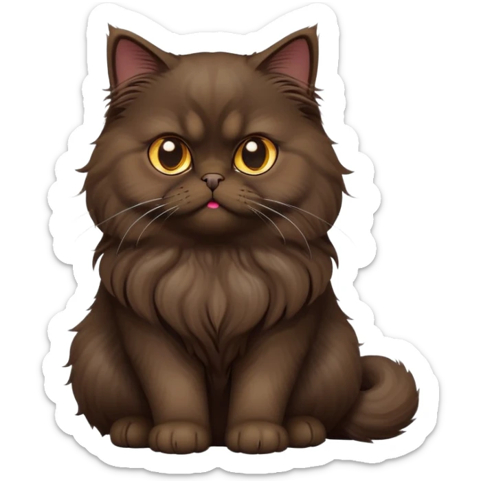 cinematic-[dark brown persian cat]-realistic-full-body-sitting-emoji,-tail-curled-playfully-around-its-paws,-head-tilted-dramatically,-fluffy-[dark brown]-fur,-simplified-yet-realistic-focused-features,-highly-detailed,-glowing-with-an-almost-sarcastic-glow sticker