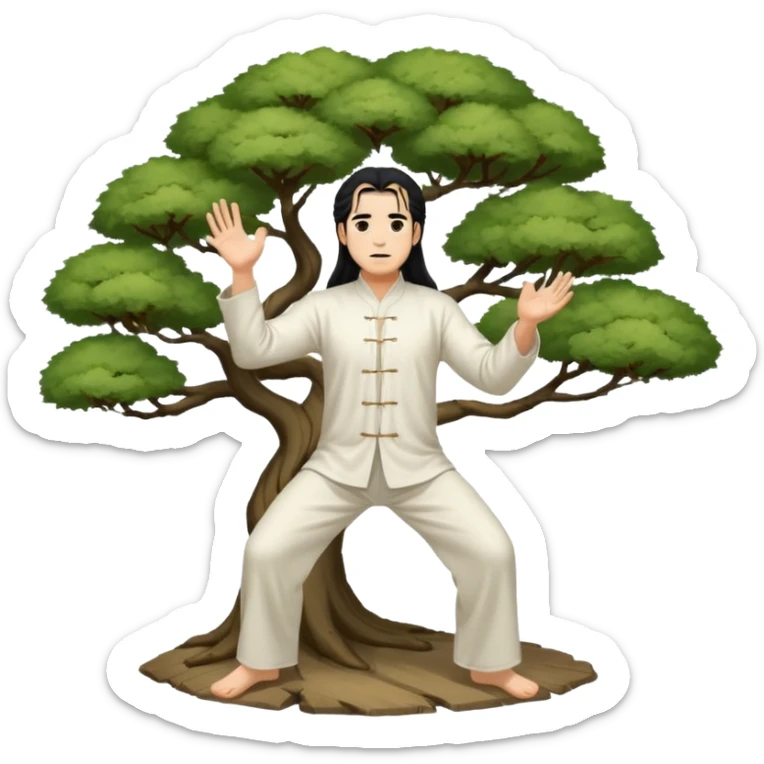 pratiquant de qi gong, homme aux cheveux long, en position de l'arbre, en tenue noire ou blanche sticker