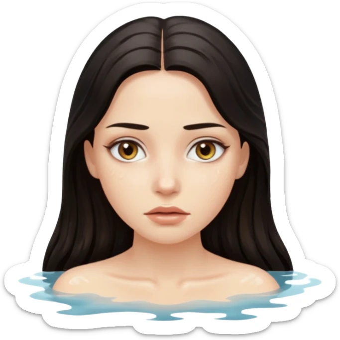 Woman submerged in black water, wet skin and eyes above surface, silent invitation sticker