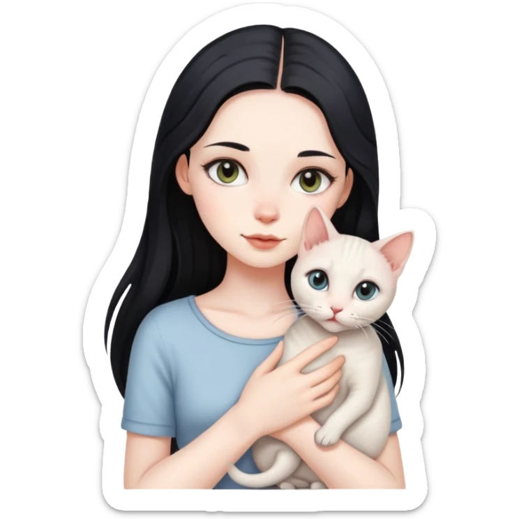 Beautiful girl with long black hair holding a hairless cat sticker