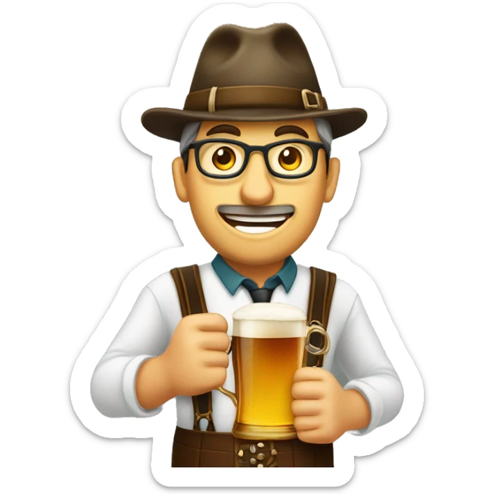 Person wearing a hat and lederhosen while holding a huge mug of beer and a pretzel sticker