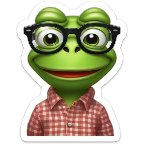 smiley face pepe the frog in black and red checkered shirt with square glasses for vision in cartoon style sticker