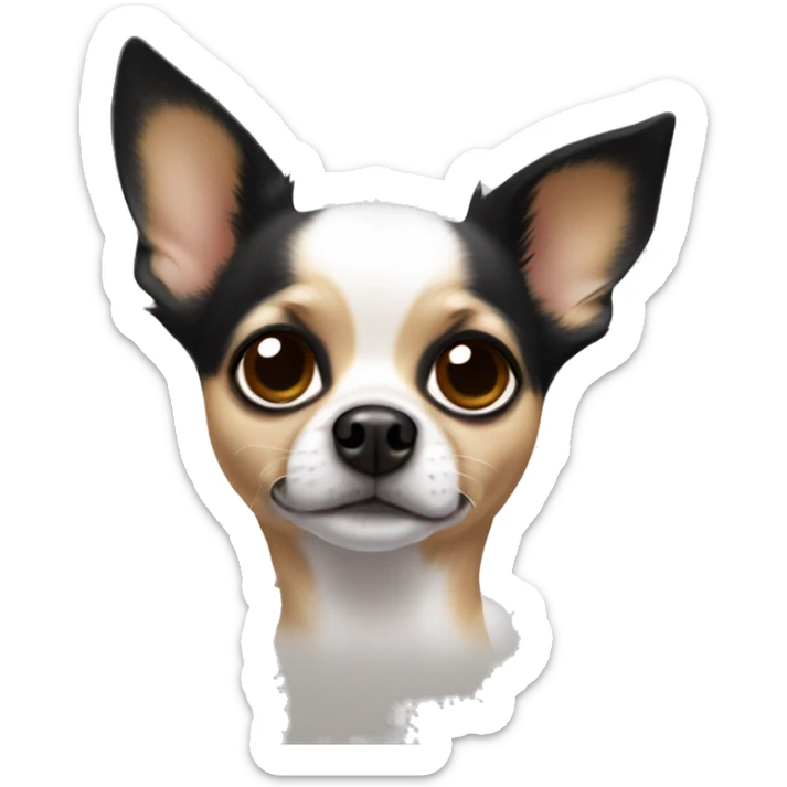 Chihuahua with a white body, black ears, brown splotches next to his eyes but a white part down the middle of its head to its nose  sticker