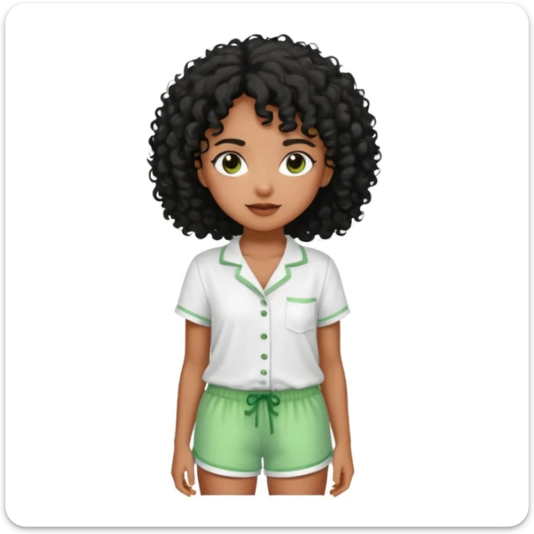 Menina morena do cabelo encaracolados pretos e um pijama de blusa branca e short molinho verde sticker