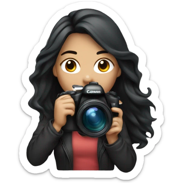 women photographer with long black hair and light skin holding a camera canon sticker