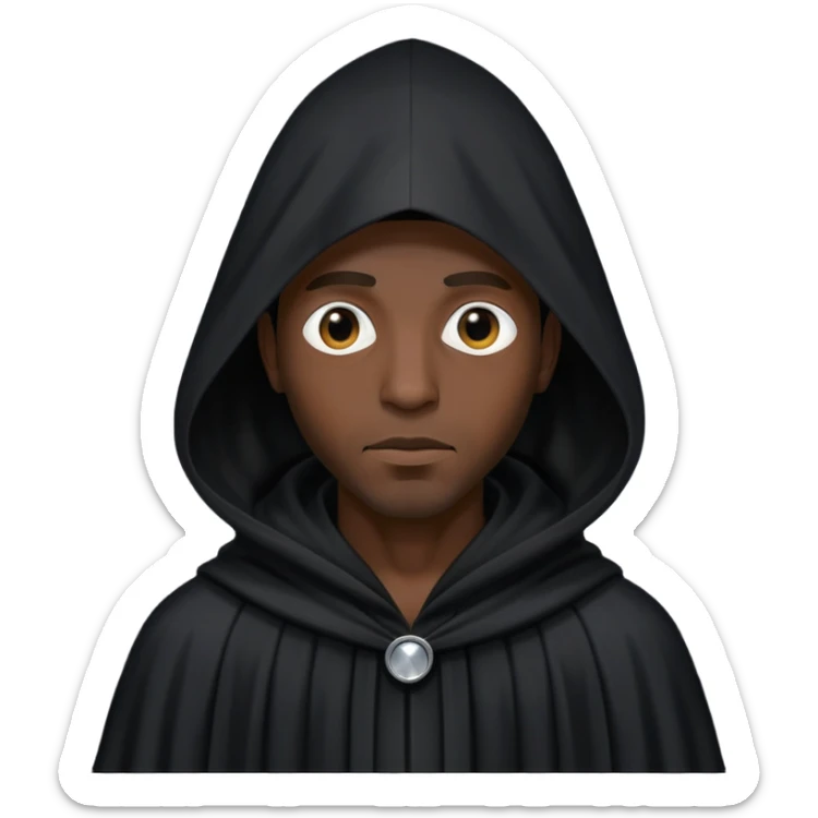 Black man wearing long black robe with tall, pointed hood. Entire face fully covered by black cloth, no facial features visible, only two small eye holes cut into the fabric. sticker