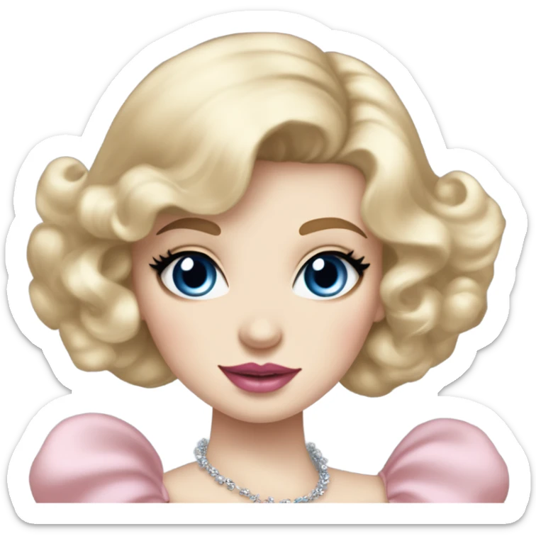 girl with blonde hair pale skin blue eyes. Pink lips blush Smokey eye (but not too much). Make her face. Vintage blowout not too curly but still.  princess dress, puffed sleeves and the choker necklace (think Versailles but not too much). sticker