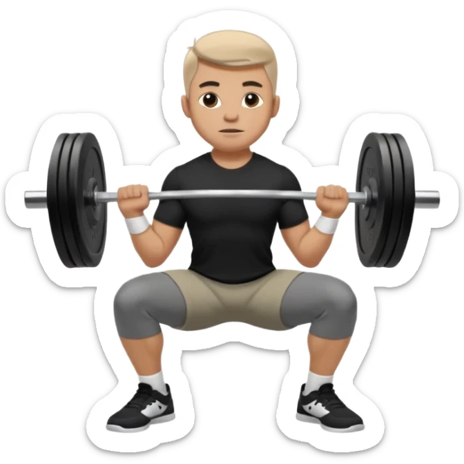 Hombre vestido con playera negra, pants gris y tenis blancos tipo jordan haciendo sentadilla libre con barra con un disco de 20 kilos por lado  sticker