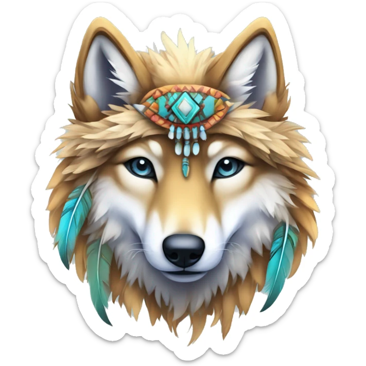 Fluffy Shy Colorful Spiritual Shamanic Wolf With Shiny Tribal Markings wearing feathers Full Body sticker