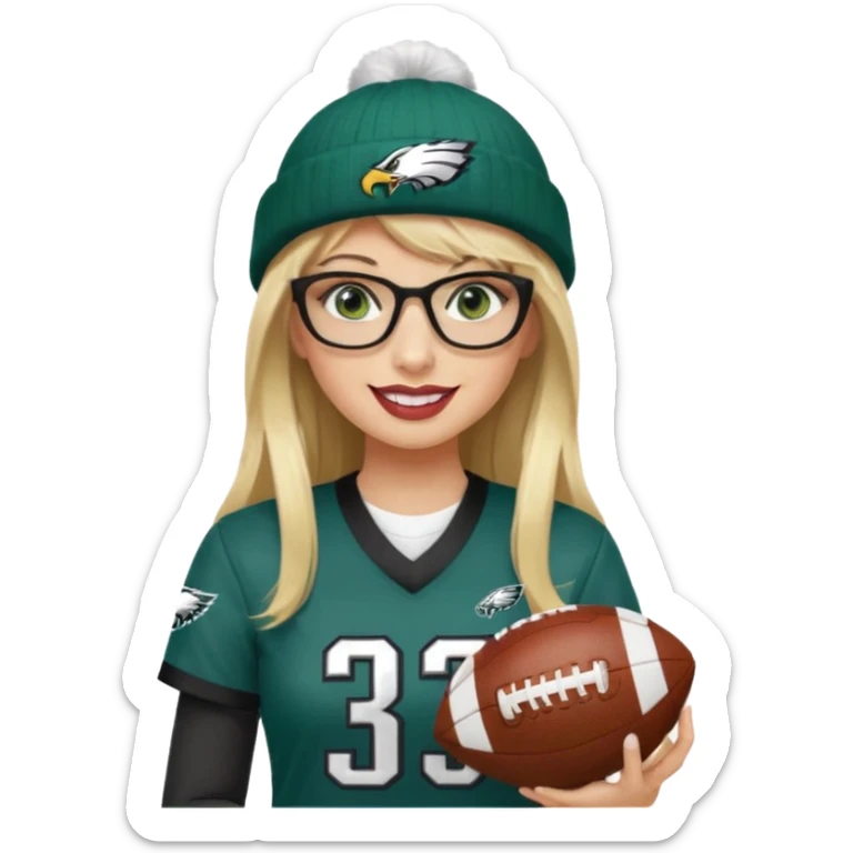 full length women wearing eagles uniform, long blonde hair, styled bangs, green eyes, black rectangle glasses, holding football, number 33, smiling, lipstick, eagles beanie sticker
