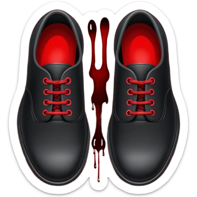 Minimalist emoji-style sticker of two black shoes standing on a red carpet that fades into a bloodstain. Flat, frontal design, simple icon composition. sticker