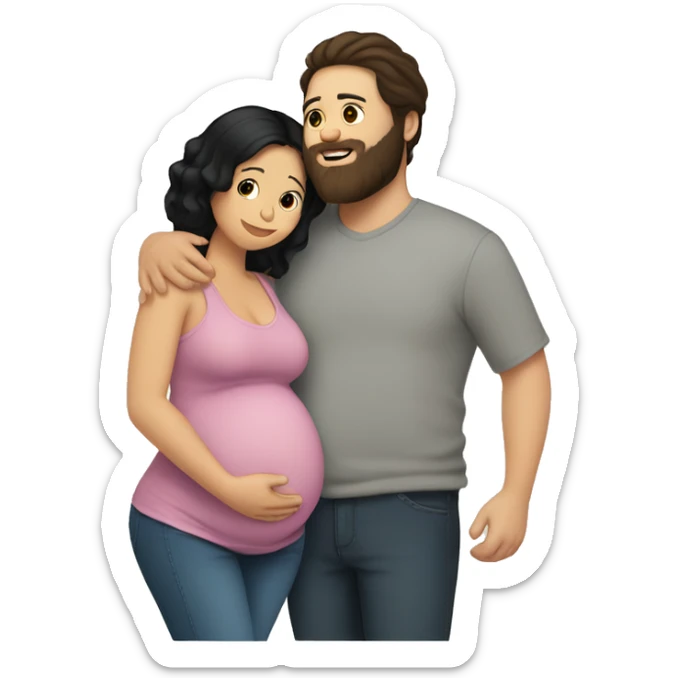 Pregnant Woman with black hair hugging boyfriend with Brown Hair and beard sticker