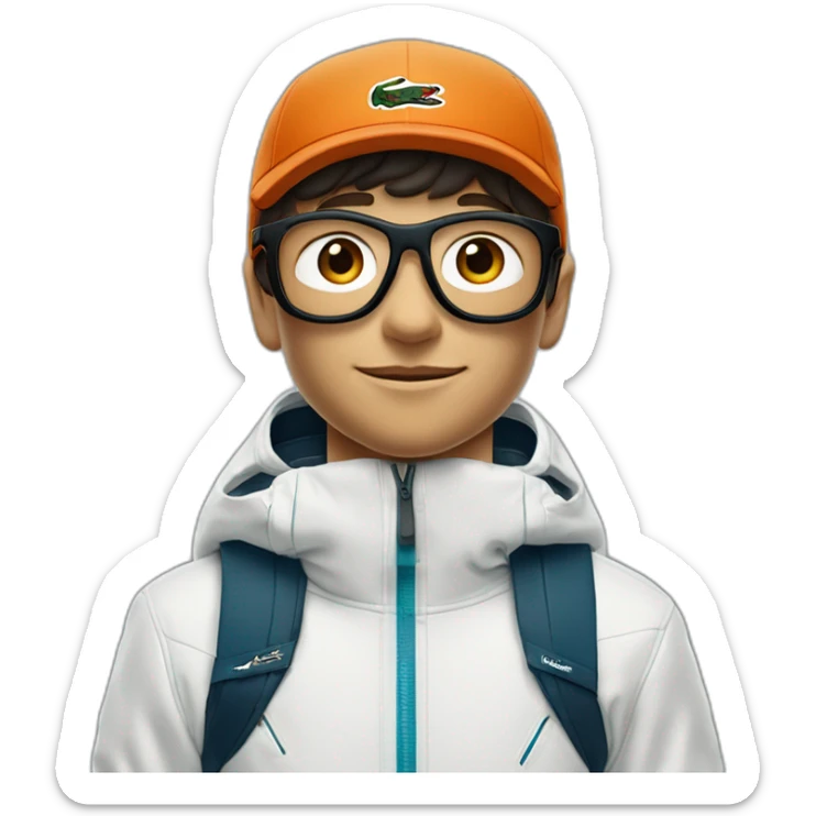 Un garçon blanc qui porte das lunettes de ski, il a les cheveux noirs, un survetement de lacoste et une casquette nike sticker