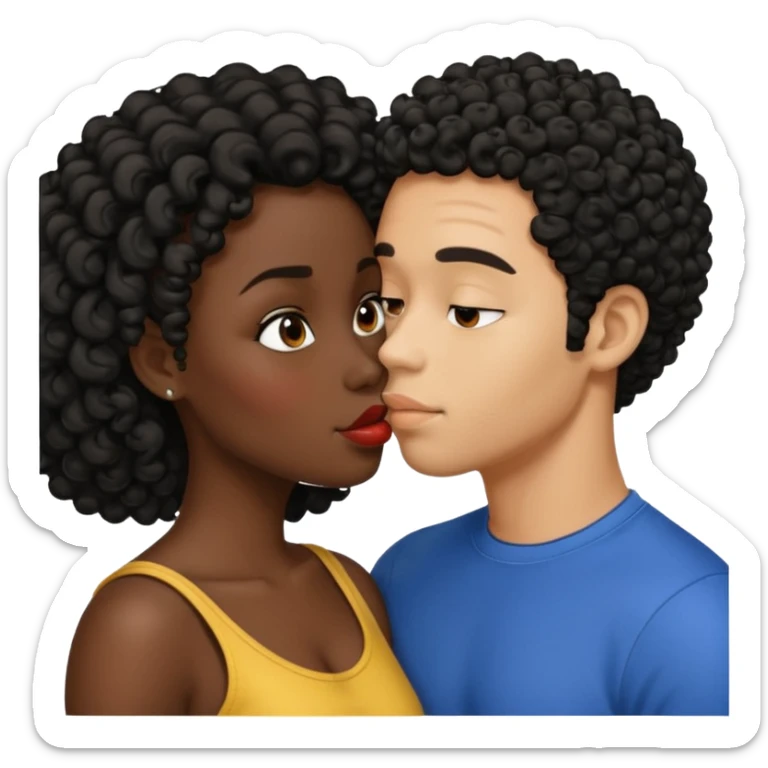 A dark skin woman with a light skin man who has black short curly hair kissing  sticker