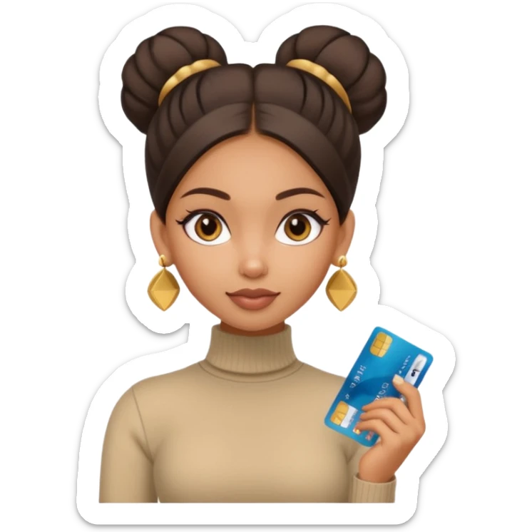 a pretty bratz fair indian girl wearing a beige turtleneck, golden earrings, bun, holding bank cards sticker