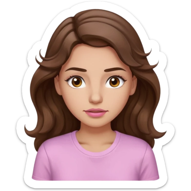 girl with wavy long brown hair, brown eyes, light to medium complexion, long lashes, light pink lipstick, wearing light pink shirt, sweating on the forehead sticker