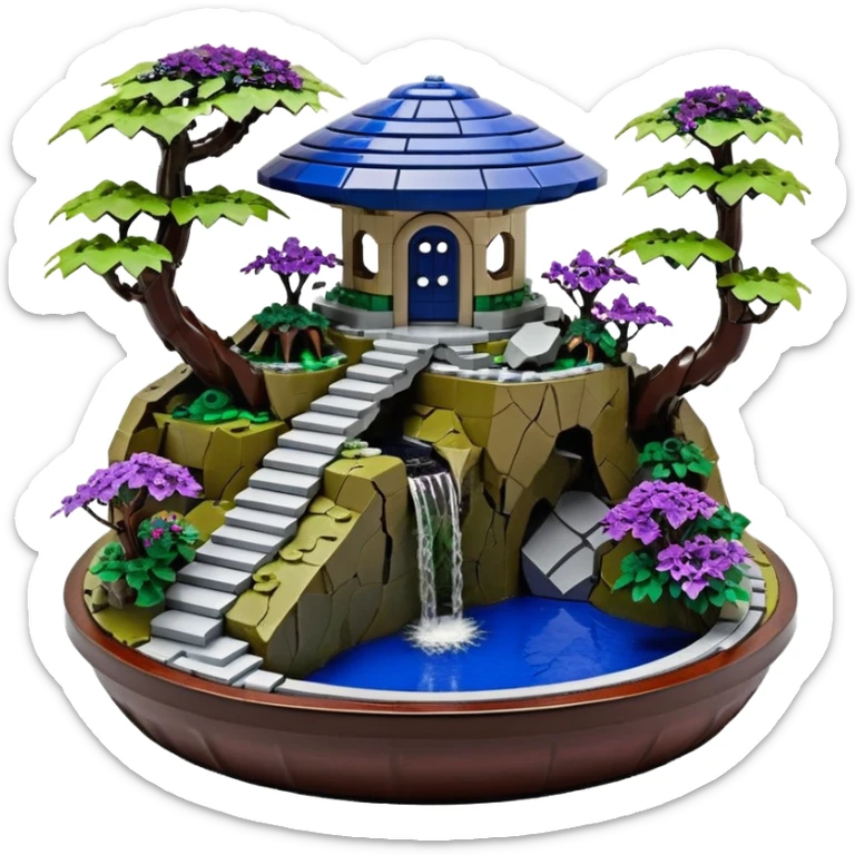 Alien saucer house jungle-vines Lego precarious narrow stairway fountain mountain-island getaway landscape antique mudman very old broken cracked intricate Stone Age lapis-crusted irregular dodecagon-shaped shallow dark moss rough bark violet serissa flowered maple tree bonsai pot sticker