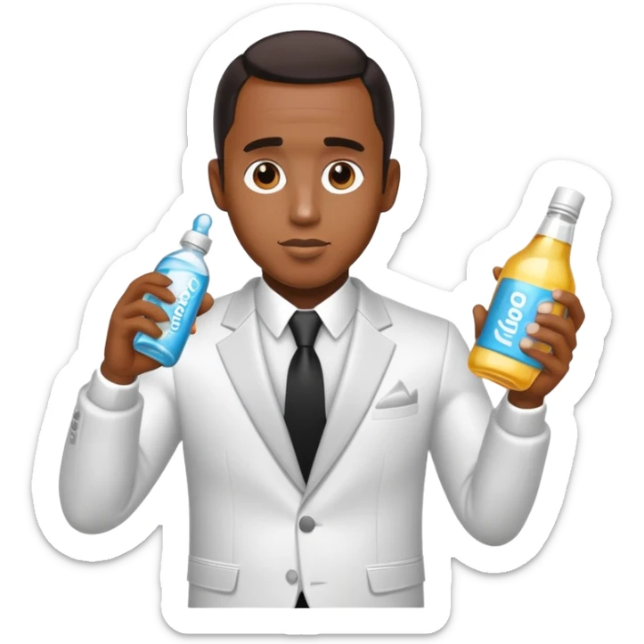 Diddy wearing a party outfit holding a bottle of  baby oil sticker