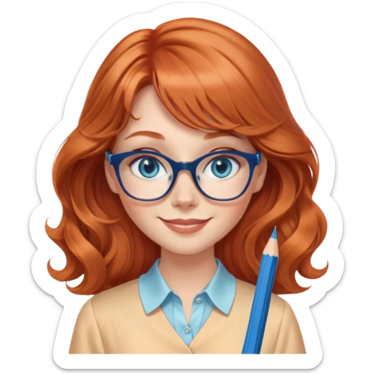 redheaded woman with very long wavy hair and bangs, blue eyes, clear cat-eye glasses, apricot silk blouse, pencil skirt, holding a pencil, smiling sticker