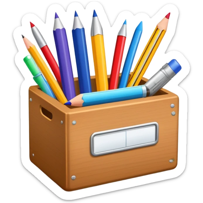 small box of teaching supplies with a pencil, ruler, and markers sticking out sticker