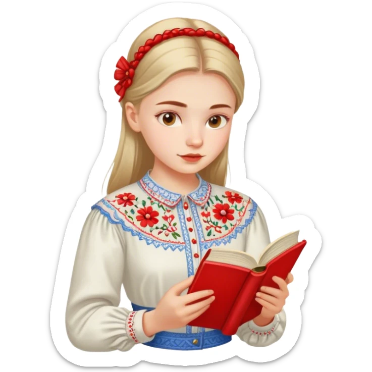 A Ukrainian girl in an embroidered shirt reads a red book sticker