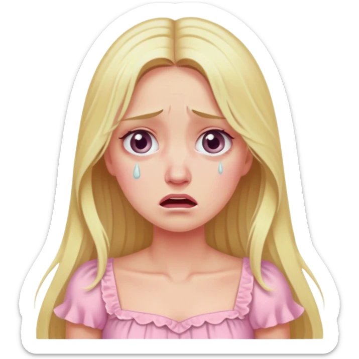 blonde with long hair and swamp eyes in a pink pastel dress, cry sticker