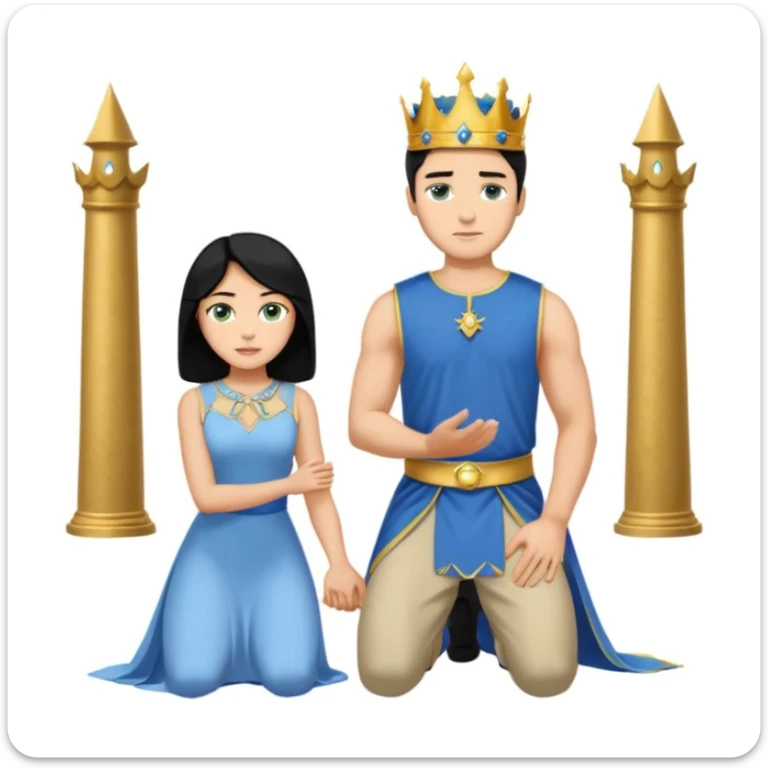 Man as king, standing, black Hair, blue eyes, woman, blonde, green eyes, shott white sleveless Dress, kneeling, background palace sticker