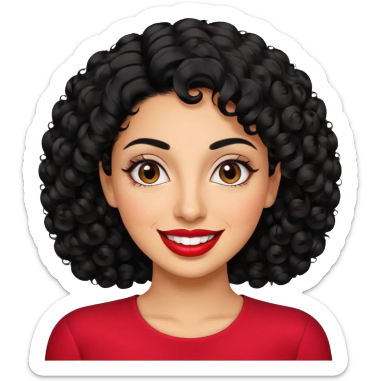 30 year old iranian woman very short curly black hair, big brown eyes, tanned skin, big smile, white teeth, pretty, stylish sticker