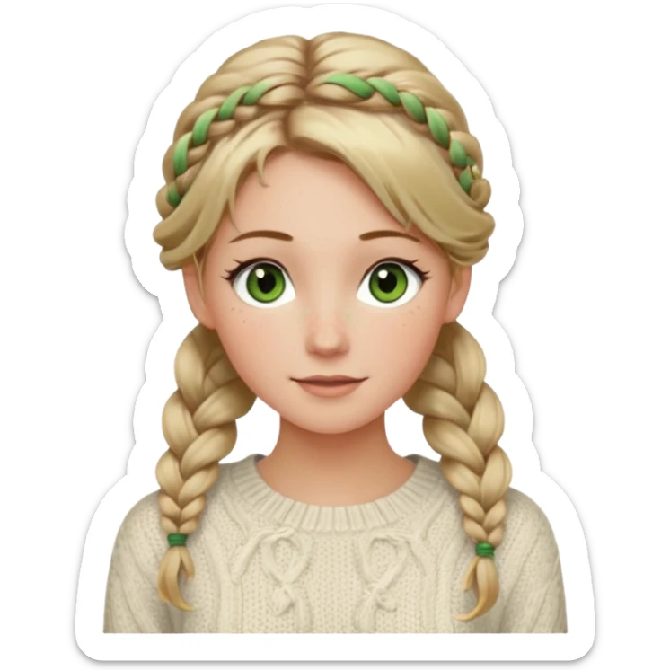 dirty blonde hazel/green eyes woman with a white cable knit sweater and one braid down her back  with tendrils of hair flowing down her face and she is happy pale, some freckles, blush. she has a cateye wing and long lashes sticker