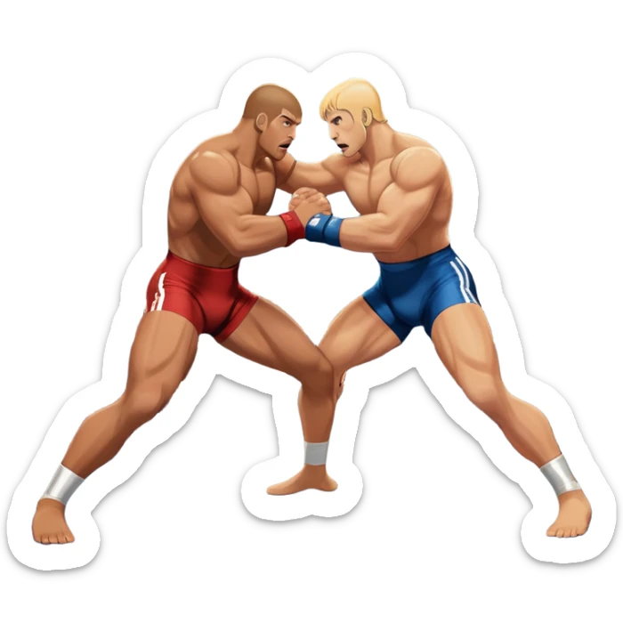 An icon depicting two wrestlers in a grappling stance on the mat, engaged in a fierce combat. One fighter attempts a takedown, while the other resists. The background shows a wrestling arena with bright lights and spectators around the edge of the ring. Transparent background  sticker